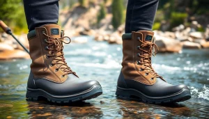 Display of Fly fishing boots showcasing rugged design and grip for water sports.