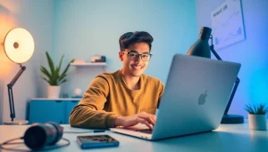 Creating a stunning whatsapp profile photo in a modern workspace with vibrant colors.