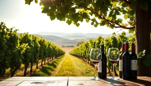 Enjoy the beauty of clarksburg wineries with a scenic vineyard setup featuring wine bottles and glasses.