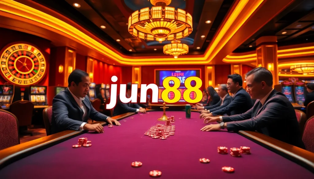 Intense poker game at jun88 casino with professional dealers and vibrant casino elements.