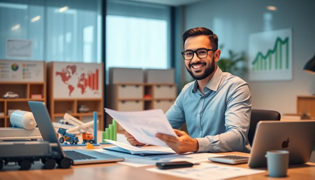 Księgowość dla firmy transportowej przedstawiona przez profesjonalnego księgowego w nowoczesnym biurze, analizującego dokumenty finansowe i wykresy logistyczne.