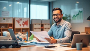 Księgowość dla firmy transportowej przedstawiona przez profesjonalnego księgowego w nowoczesnym biurze, analizującego dokumenty finansowe i wykresy logistyczne.