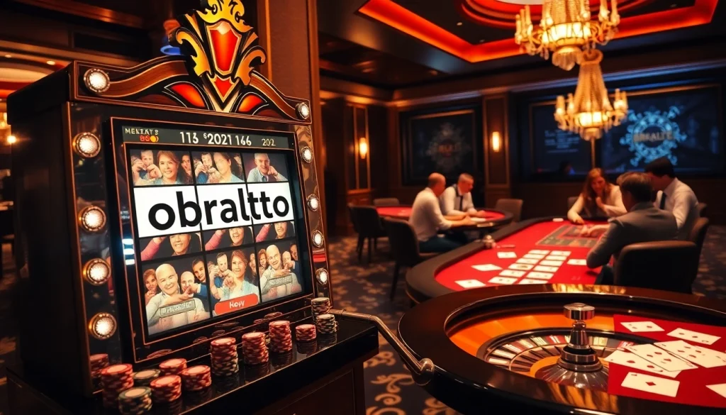 Players enjoying the luxurious obraltoto slot machine experience in a vibrant casino atmosphere.