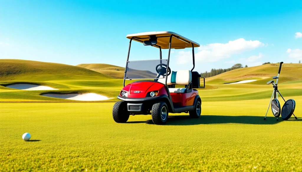 Experience Epic golf cart reviews showcasing a top golf cart against a scenic backdrop on a golf course.