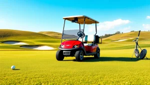 Experience Epic golf cart reviews showcasing a top golf cart against a scenic backdrop on a golf course.