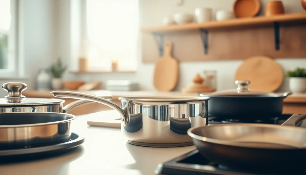 Showcase of high-quality cookware NZ elegantly arranged in a modern kitchen setting.