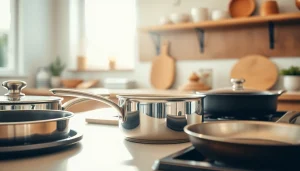 Showcase of high-quality cookware NZ elegantly arranged in a modern kitchen setting.