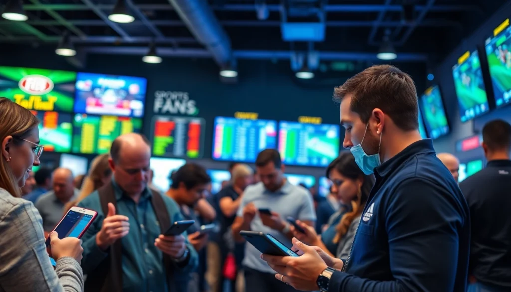 Engaging atmosphere of sports betting in Oklahoma with diverse bettors using devices.