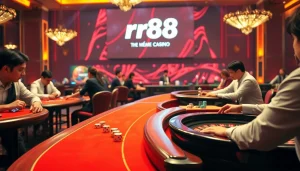 Experience thrilling gaming moments at rr88 with casino tables, roulette wheels, and poker chips.