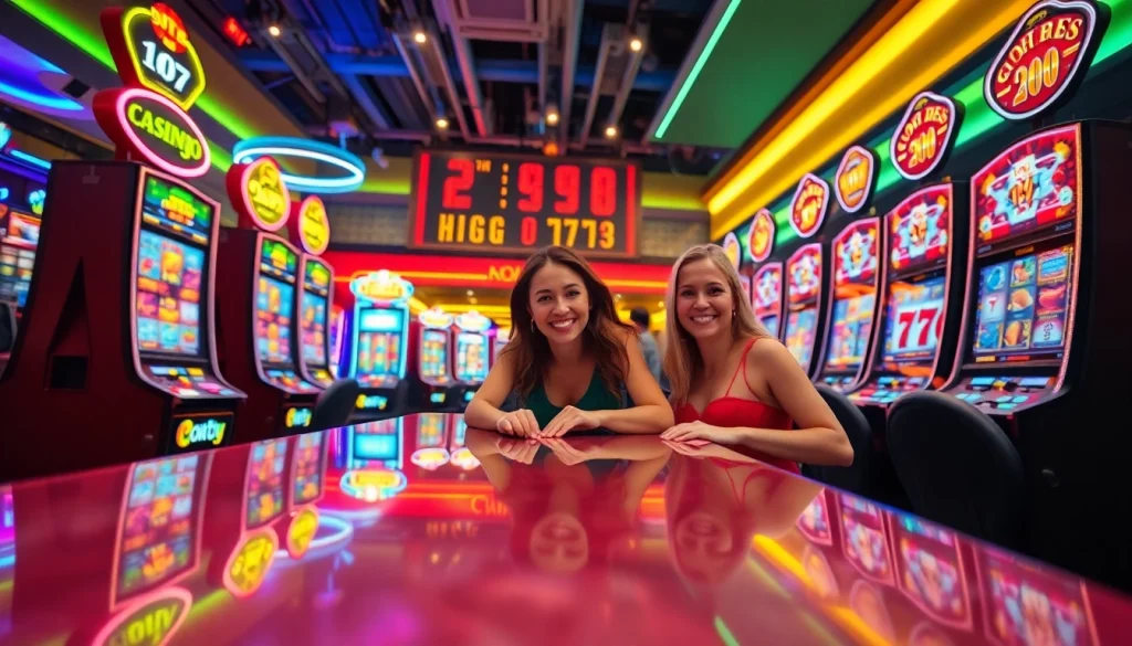 Permainan seru Istana777 di kasino dengan mesin slot berwarna-warni dan pemain bahagia.