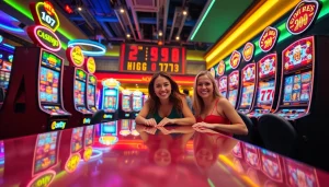 Permainan seru Istana777 di kasino dengan mesin slot berwarna-warni dan pemain bahagia.