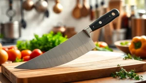 Enhance your culinary skills with a premium chef’s knife NZ placed on a wooden board surrounded by fresh veggies.