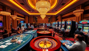 Engaging casino atmosphere showcasing OK365 com VIP players at luxurious tables with cards, dice, and vibrant slot machines.