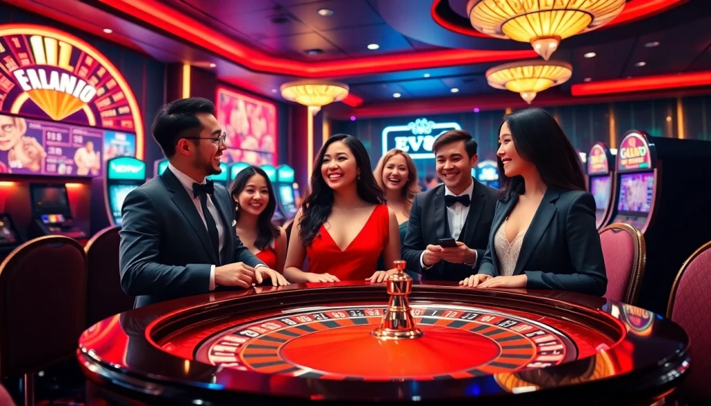Exciting EV88 casino scene with vibrant tables and joyful players enjoying online gambling.