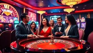 Exciting EV88 casino scene with vibrant tables and joyful players enjoying online gambling.