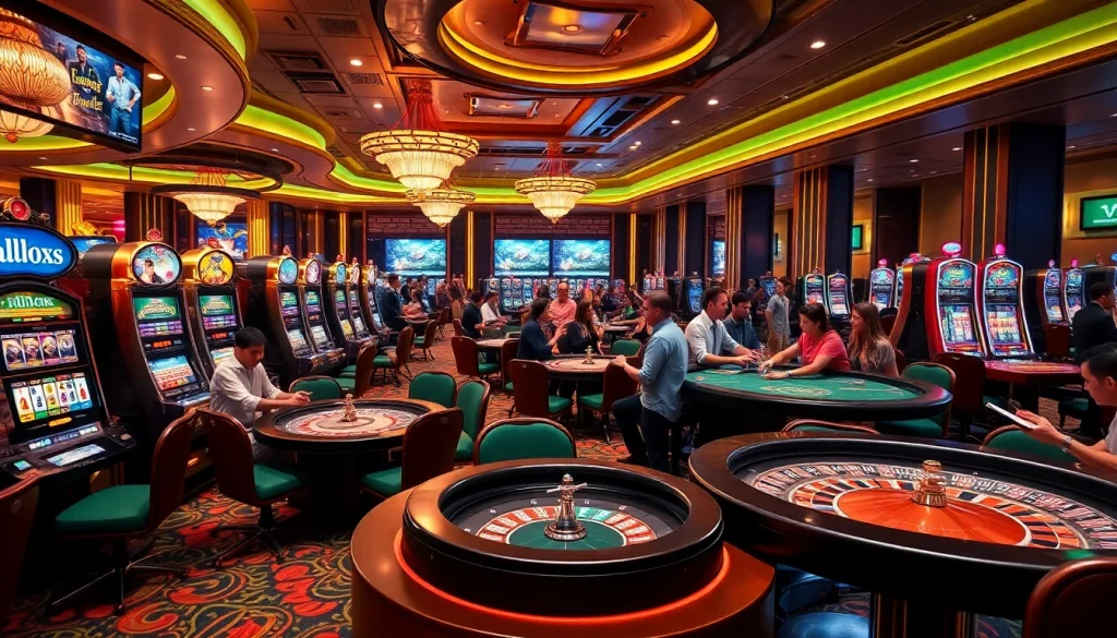 Capture the excitement of players at S8 casino with vibrant slot machines and roulette tables.