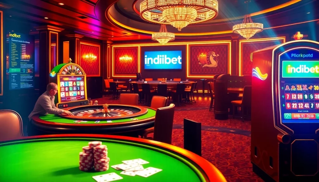 Indebet logo shines over an exciting casino scene with vibrant card games and slot machines.