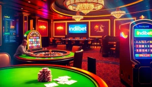 Indebet logo shines over an exciting casino scene with vibrant card games and slot machines.