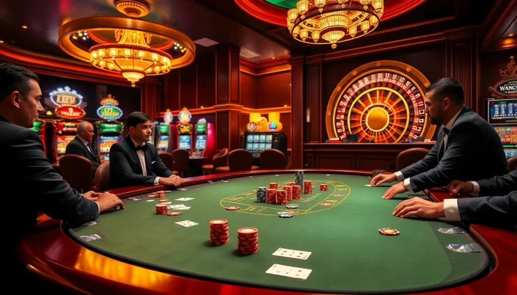 Addressing the keyword 주소모음, this image depicts an exciting casino scene with a polished poker table, vibrant poker chips, and luxurious ambiance.