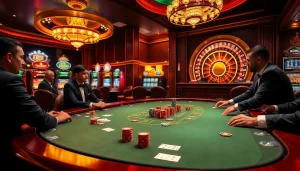 Addressing the keyword 주소모음, this image depicts an exciting casino scene with a polished poker table, vibrant poker chips, and luxurious ambiance.