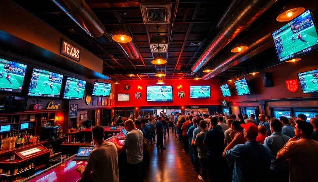 Experience engaging sports betting in Texas at a lively sports bar with fans celebrating.