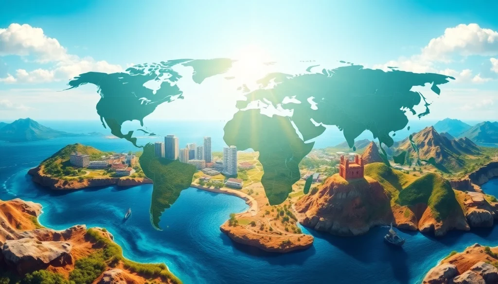 Worldwide connections illustrated with diverse cultures joining across landscapes.