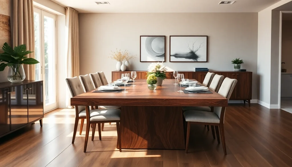 Setting a beautiful solid wood table adorned with elegant tableware in a modern dining room.