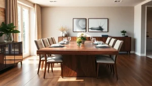 Setting a beautiful solid wood table adorned with elegant tableware in a modern dining room.