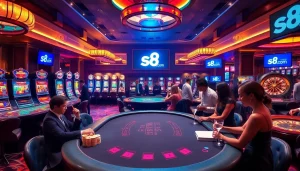 Engage in thrilling casino action at s8.com with poker tables and vibrant slot machines.