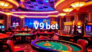 Experience the thrill of V9 bet at an elegant casino with vibrant gaming tables and exciting atmosphere.