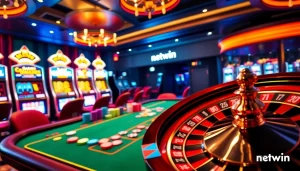 Experience thrilling gameplay at netwin with poker chips, roulette, and vibrant slot machines.