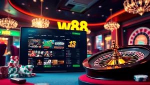 Engaging casino visuals showcasing online gambling through vào w88 interface with poker chips and a roulette wheel.
