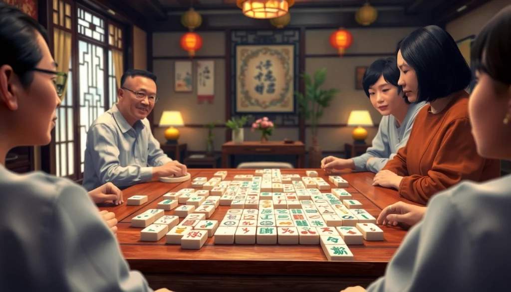 Mahjong yang mengasyikkan dengan pemain dan ubin di meja kayu.