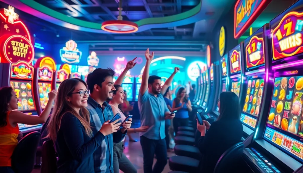 Menggambarkan pengalaman bermain petanitoto dengan pemain bersemangat di depan mesin slot.