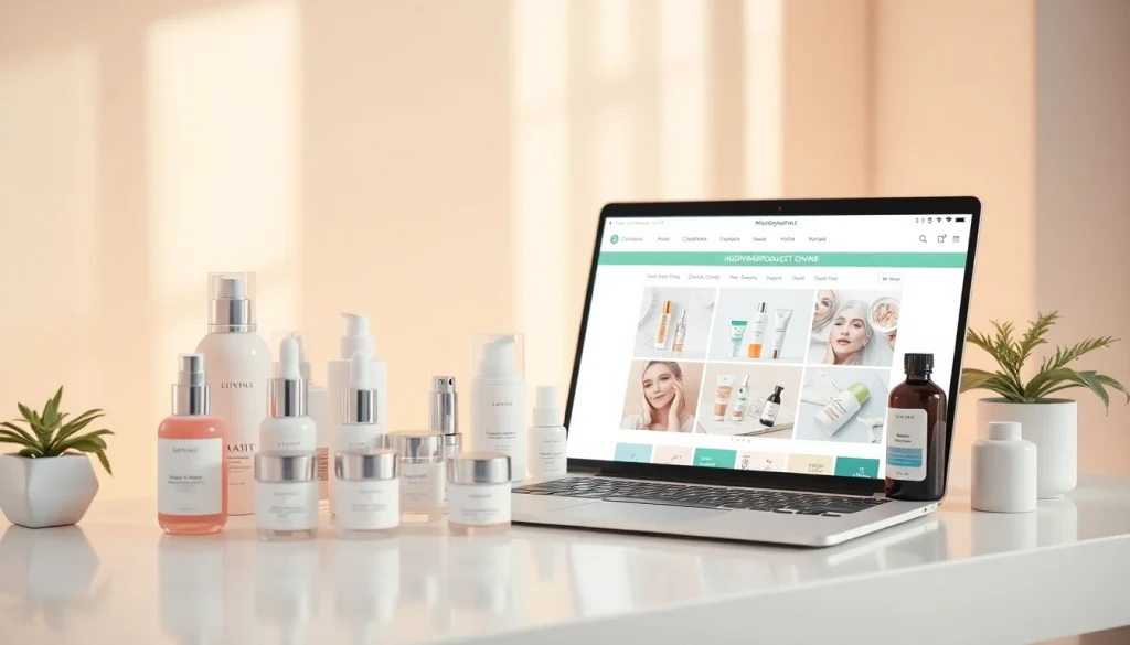 Hudvårdsprodukter visas i en online-shoppingupplevelse som framhäver skönhet och professionalitet.