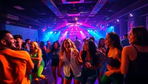 Dance clubs in San Juan featuring a vibrant nightlife scene with lively partygoers.