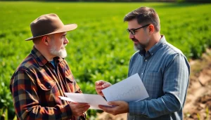 Engaging consultation between an agriculture lawyer and a farmer in a green field.