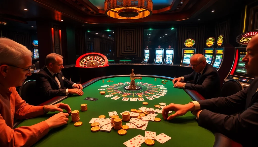 Zonafilm-themed poker players strategizing at a luxurious casino table.