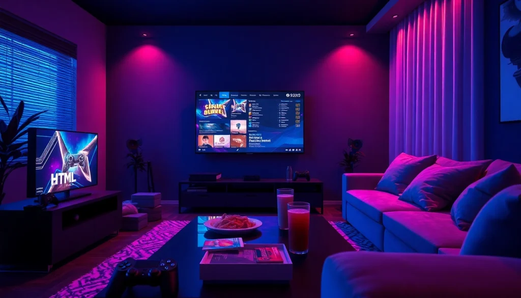 Experience thrilling HTML porn games in a modern gaming setup with vibrant colors and inviting atmosphere.