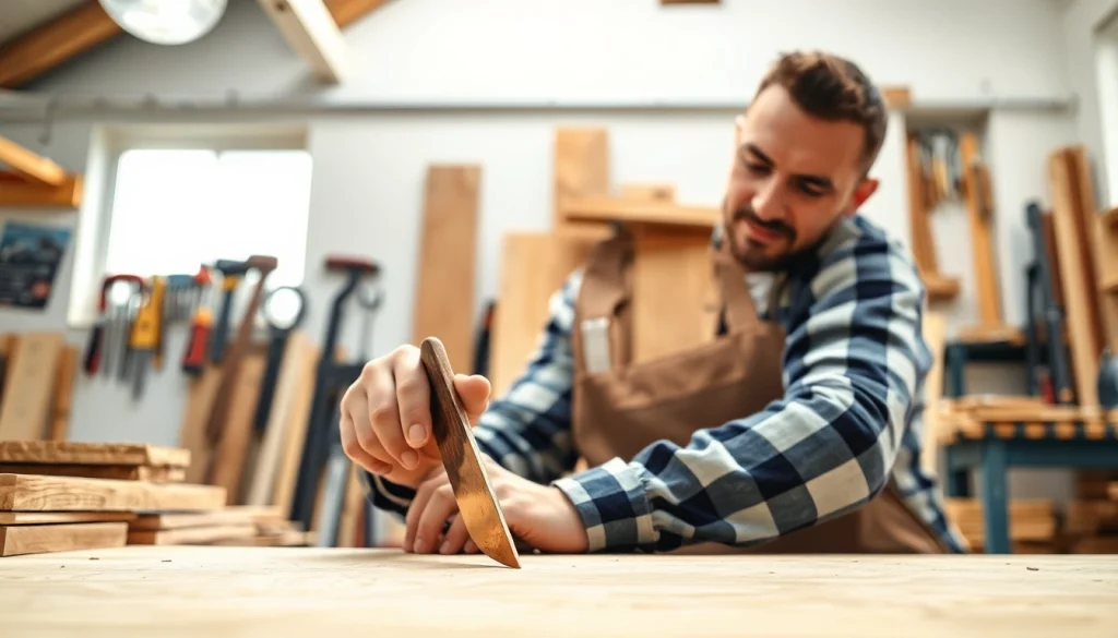 Carpentry Apprenticeship Near Me showcasing a skilled carpenter working in a bright workshop.