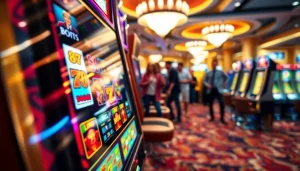 Permainan slot depo 1k dengan suasana kasino yang meriah dan penuh warna.