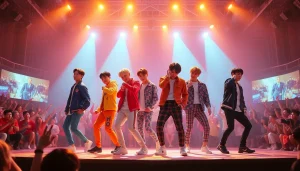 BTS members performing energetically on stage under bright lights, captivating their audience.