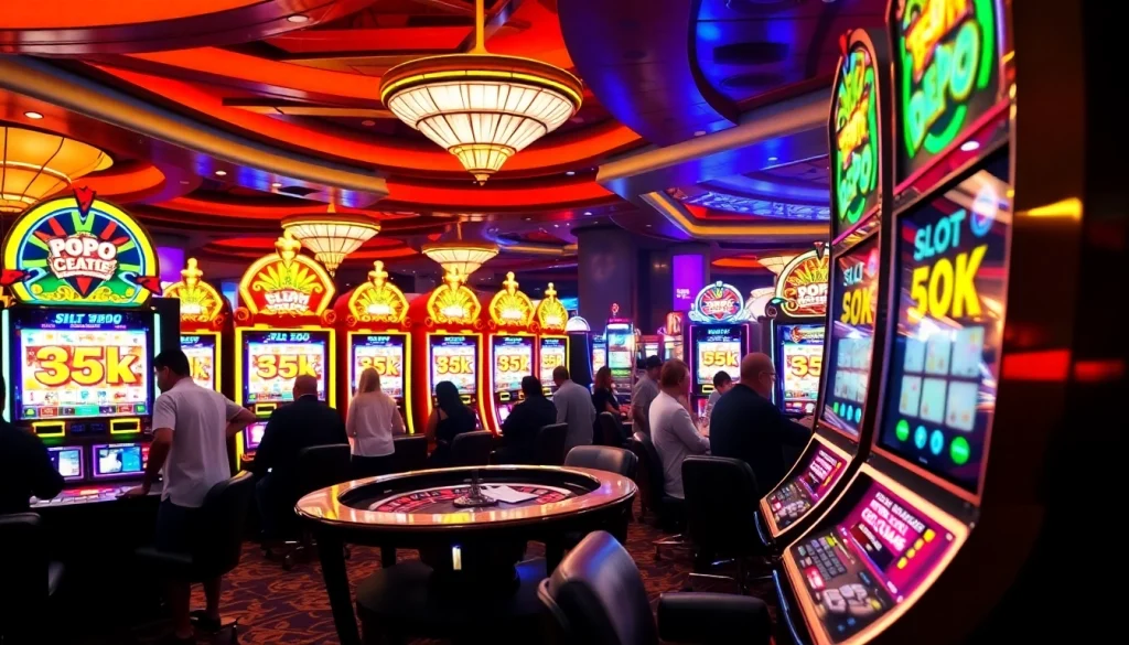 Pemain menikmati kegembiraan permainan slot depo 5k di kasino berlampu neon.