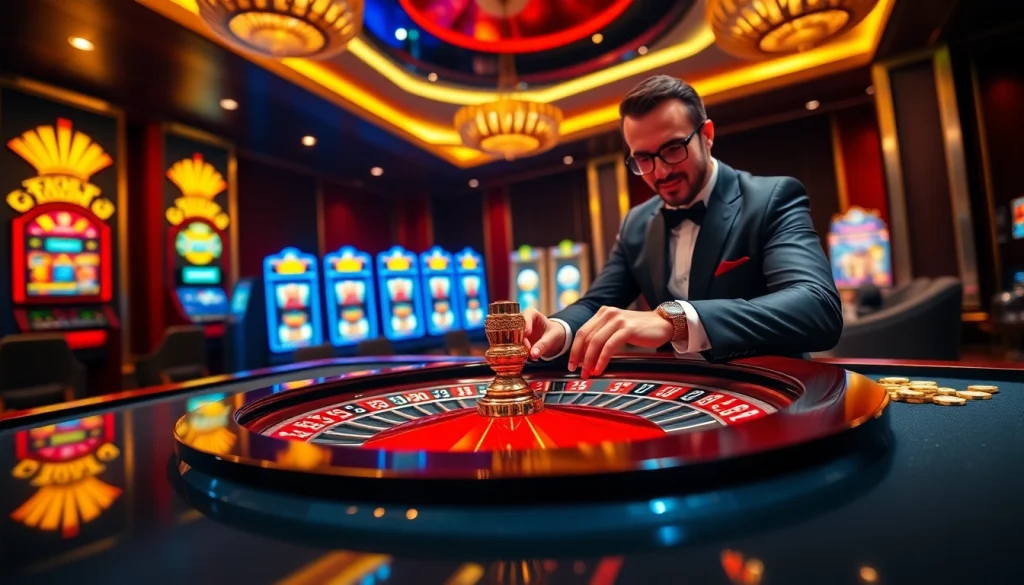 Engaging gamblers at https://tobet88bet.com/ with a luxurious casino scene featuring a roulette wheel and dynamic gaming elements.