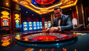 Engaging gamblers at https://tobet88bet.com/ with a luxurious casino scene featuring a roulette wheel and dynamic gaming elements.