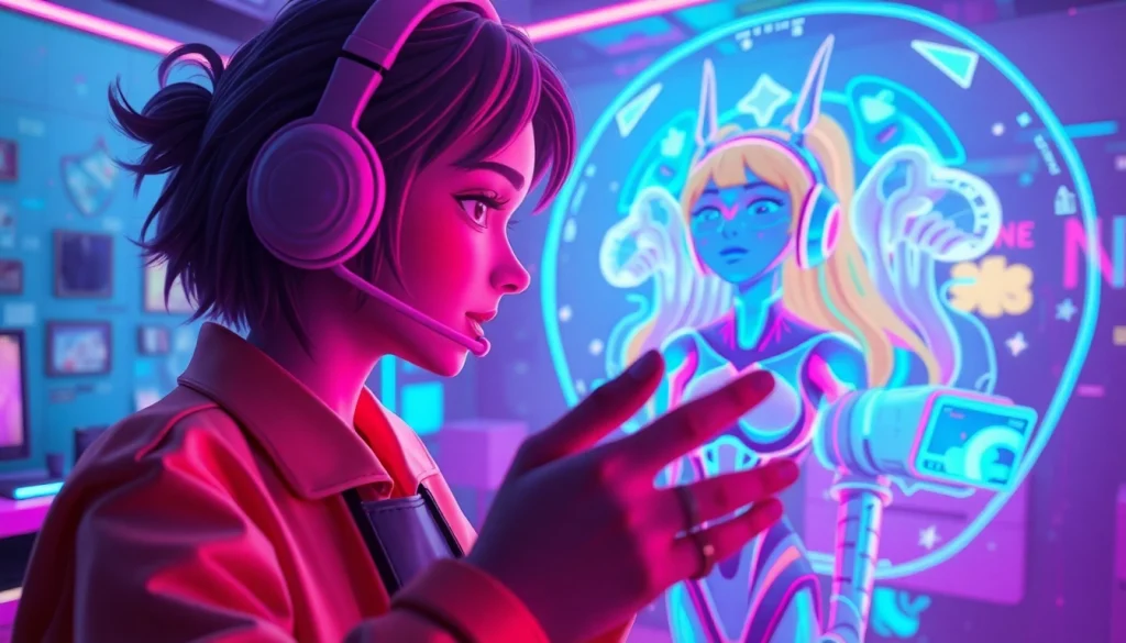 Dynamic interaction with NSFW character AI in a colorful, futuristic setting.