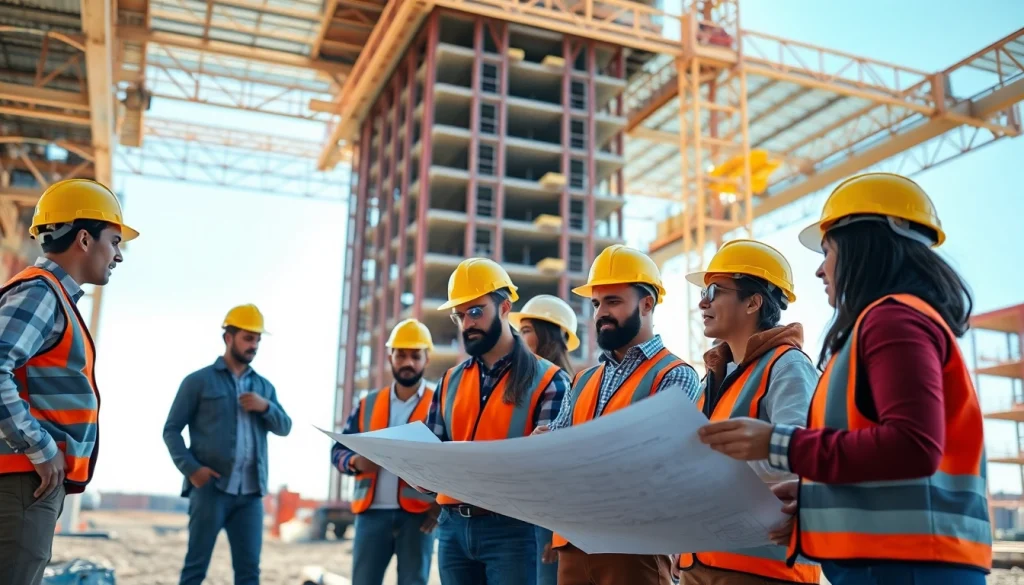 Workers in construction actively collaborating, highlighting careers in construction on a vibrant site.