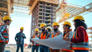 Workers in construction actively collaborating, highlighting careers in construction on a vibrant site.