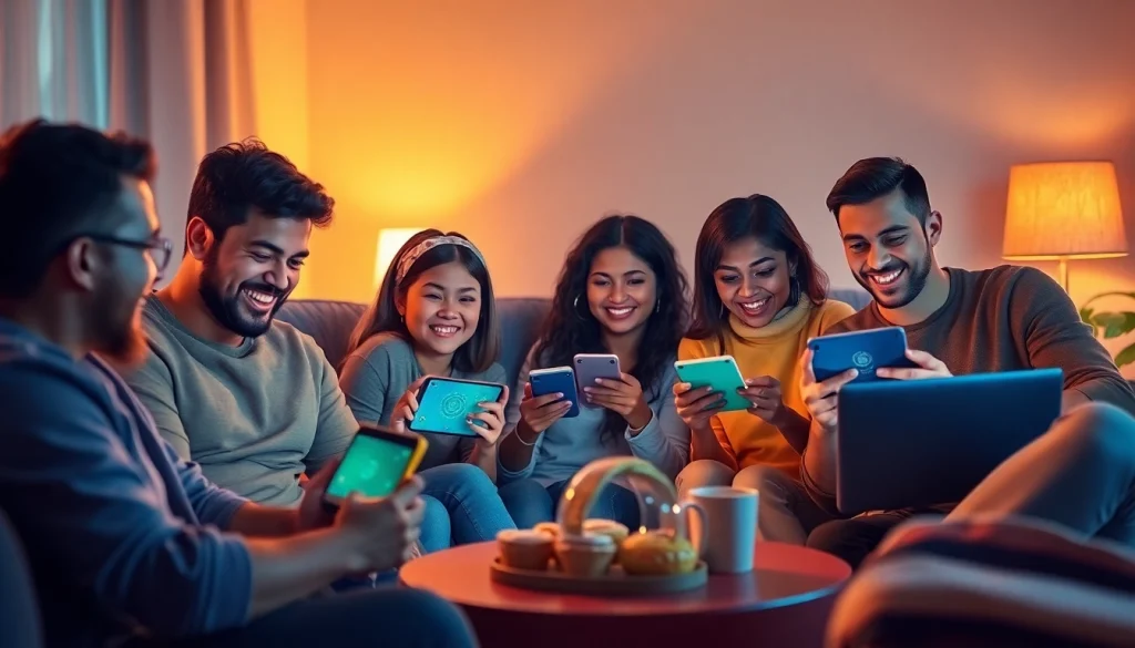 Players enjoying the jalwa app on multiple devices in a cozy setting, highlighting social gaming interaction.