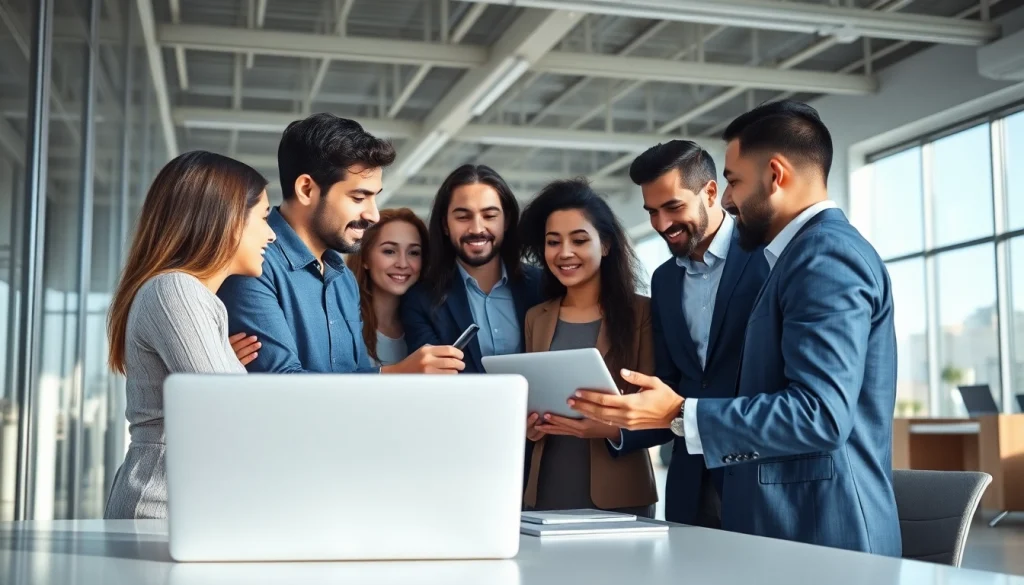 Business professionals collaborating on 1cplatform digital solutions in a modern office.